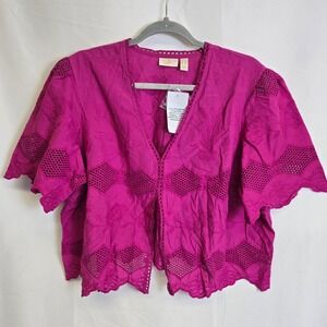 LOGO Lavish Eyelet Lace Cropped Jacket, Crushed Berry, 100% Cotton, Size 1X, New